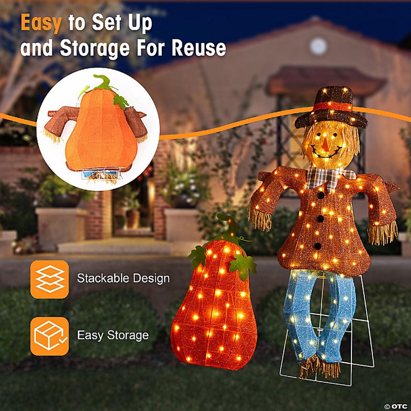 Glitzhome Set of 2 Lighted Fall 2.5D Scarecrow & Pumpkin Outdoor Dcor with 80L+30L Warm White LED Lights KD