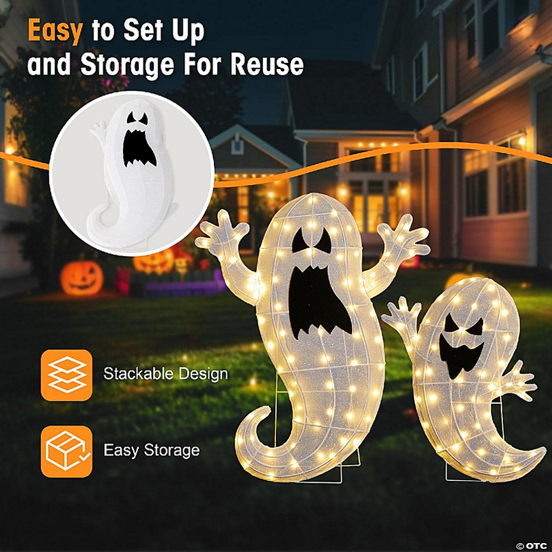 Glitzhome Set of 2 Lighted Halloween 2.5D Ghosts Family Outdoor Dcor with 80L+50L Warm White LED Lights (KD