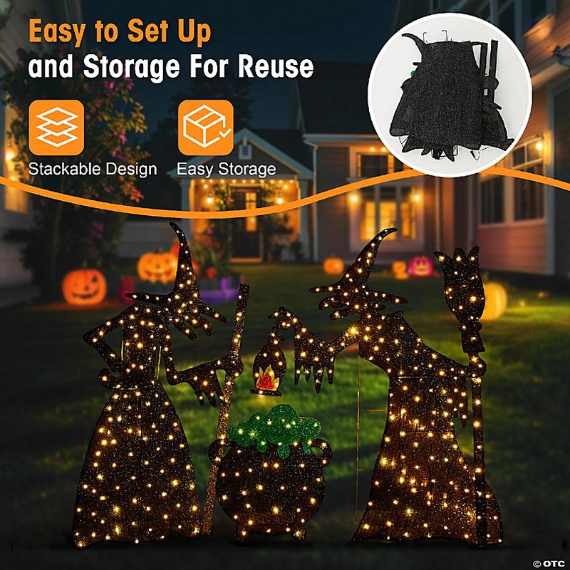 Glitzhome Set of 3 Lighted Halloween 2.5D Witches with Cauldron Outdoor Dcor with 340 Warm White LED LightsKD