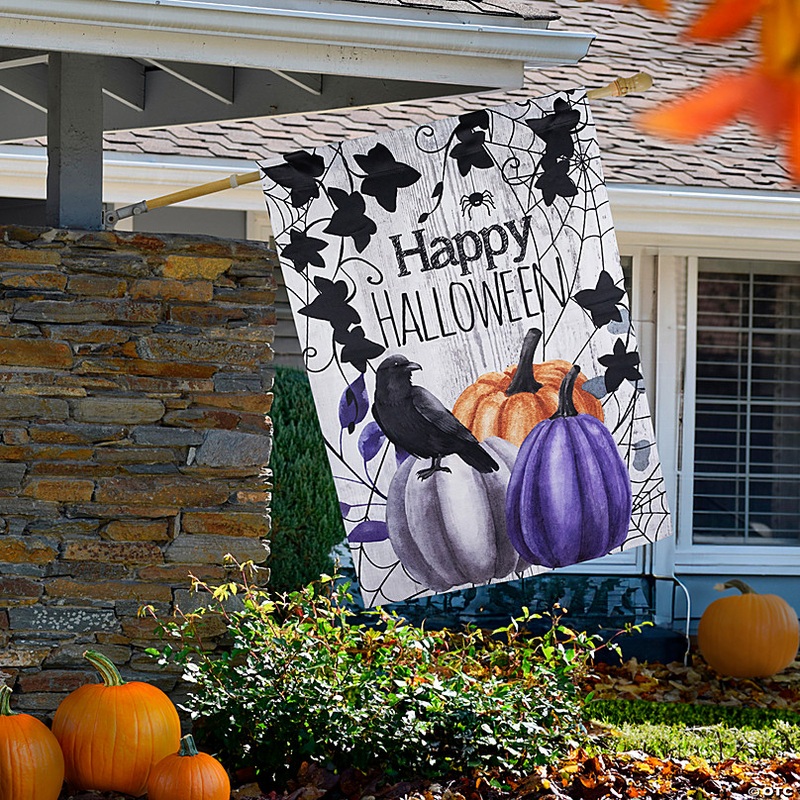 Pumpkins and Crow Happy Halloween Outdoor House Flag - 40 x 28