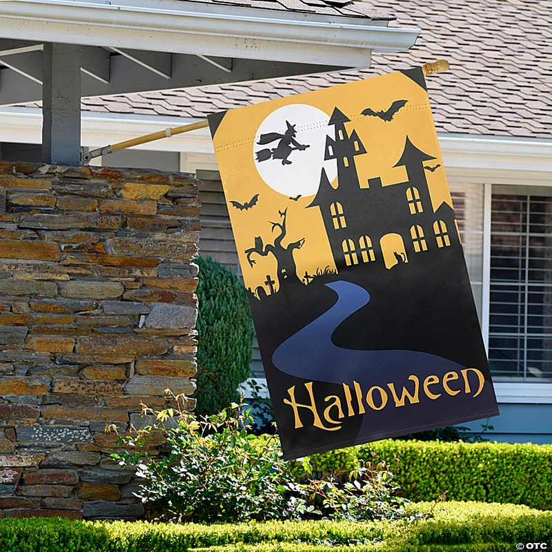 Spooky House Halloween Outdoor House Flag with Bats and Witch 28 x 40