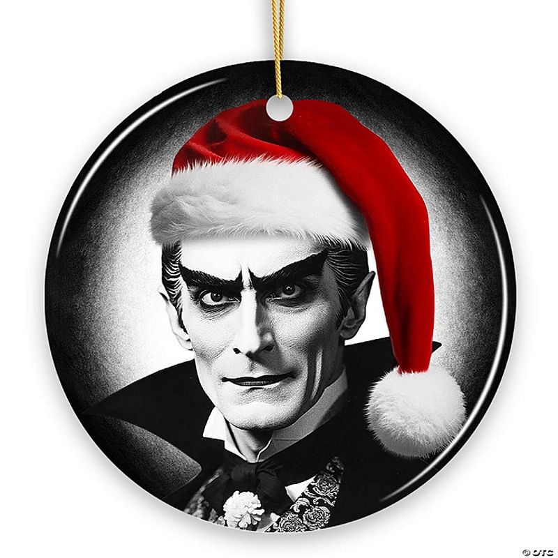 Vintage Dracula with a Santa Hat Ceramic Ornament, Horror Themed Christmas Decor for Halloween Tree, OrnamentallyYou
