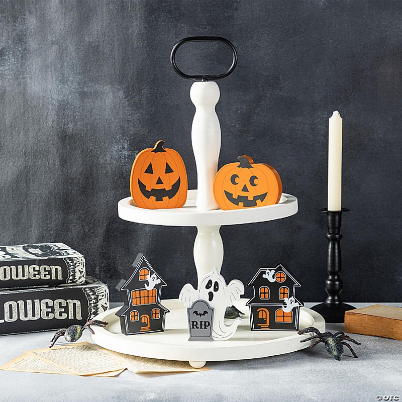 Glitzhome S/5 Halloween Wooden Haunted House, Pumpkin & Ghost Table Block Set
