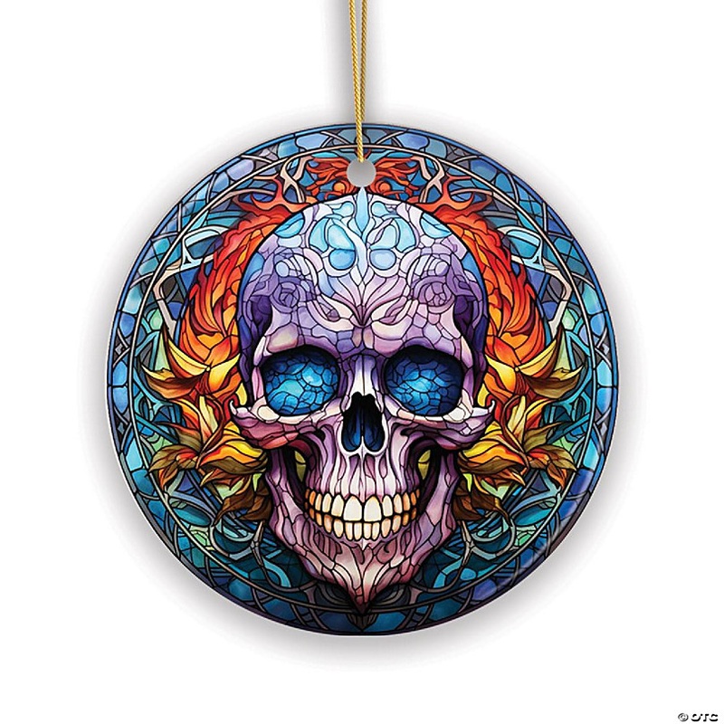Grim Guardian Haunting Skull Stained Glass Style Ceramic Ornament, Halloween Themed Christmas Gift and Decor, OrnamentallyYou