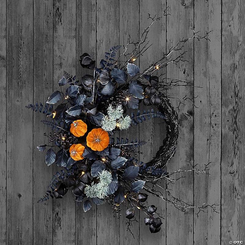 National Tree Company 20 Artificial Halloween Half Wreath with Pumpkins, 30 Warm White LED Lights, Battery Operated