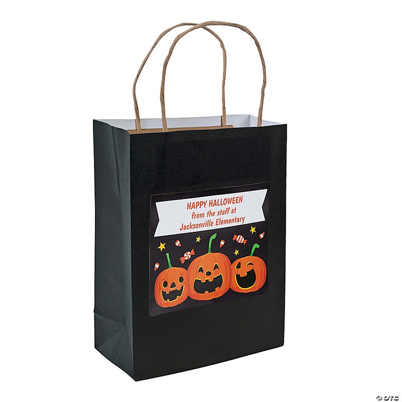 Personalized Medium Jack-o-Lantern Kraft Paper Gift Bags - 12 Pc.