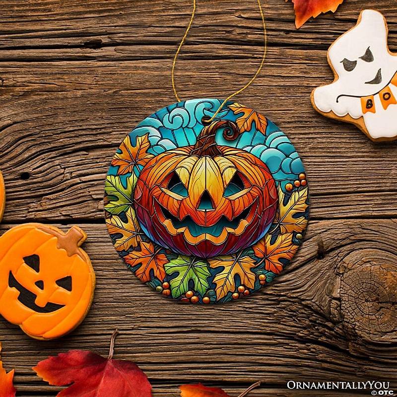Pumpkin Spice and Crispy Leaves Stained Glass Style Ceramic Ornament, Halloween Themed Christmas Gift and Decor, OrnamentallyYou