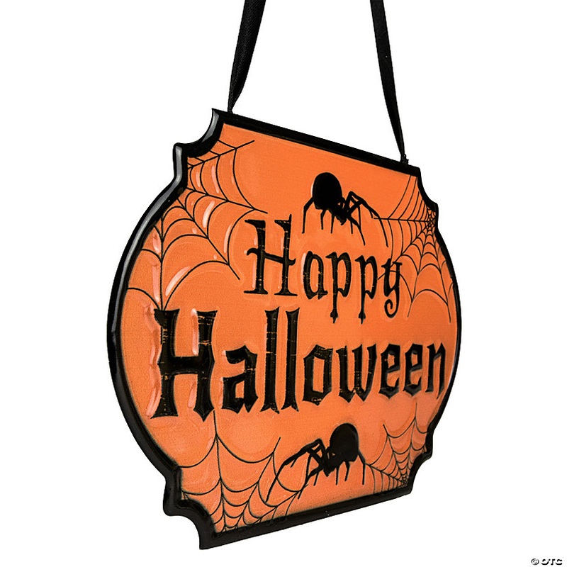 10 Orange and Black Happy Halloween Cauldron Pot Metal Wall Sign