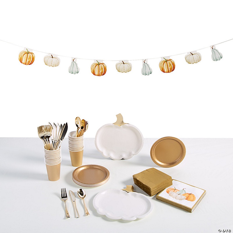 230 Pc. White & Gold Pumpkin Disposable Tableware Kit for 24 Guests