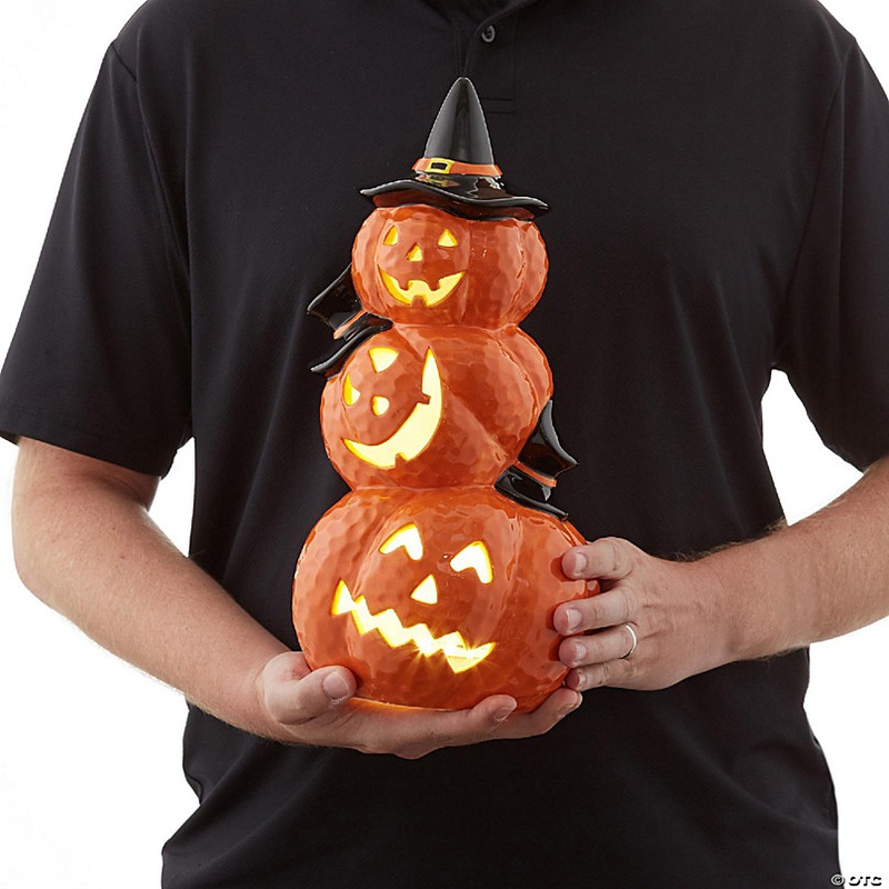 Casafield Pre-Lit Ceramic Halloween Stacked Pumpkins Hand-Painted Tabletop Decor