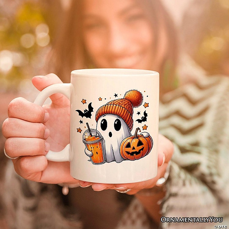 Cute Ghost with Coffee Drink, Halloween Mug, Fun Boujee Gift, OrnamentallyYou