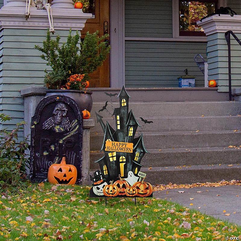 Glitzhome 32H Halloween Metal Haunted House Yard Stake(KD, Two function)