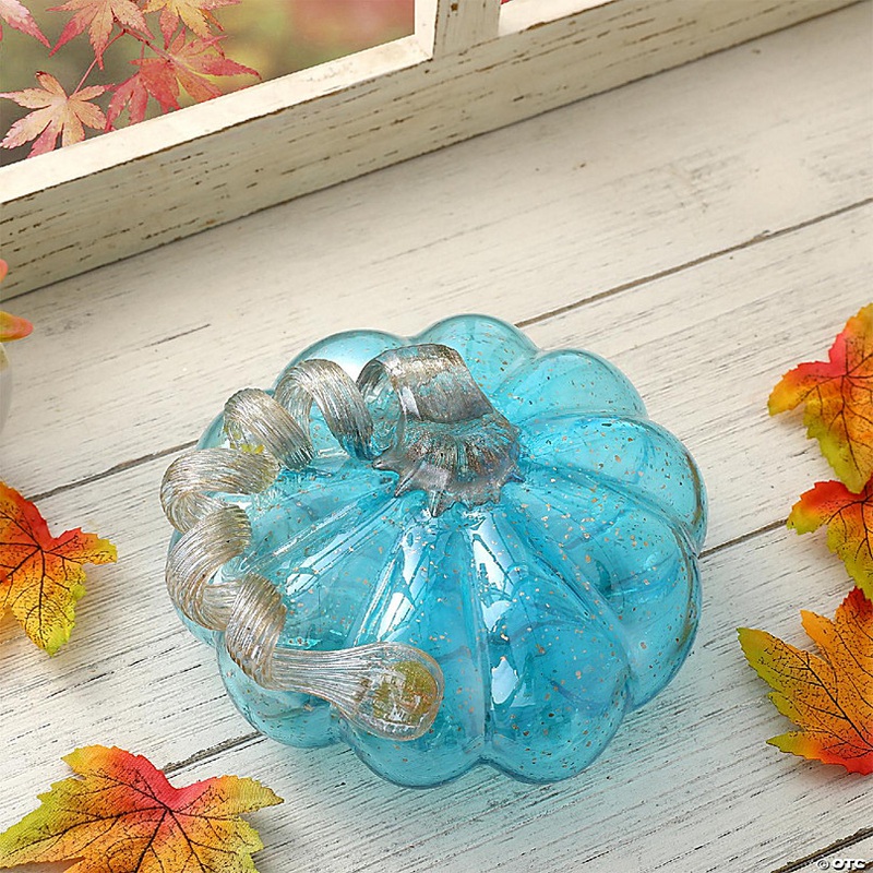 Glitzhome Set of 4 6.75D Blue Glass Pumpkins