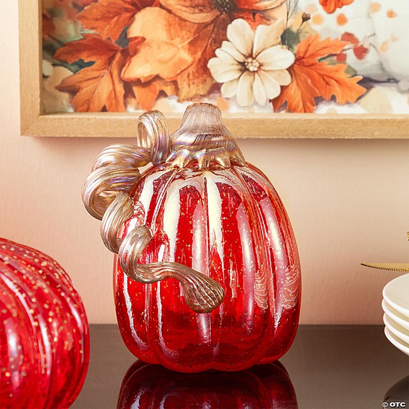 Glitzhome Set of 4 6H Fall Red Glass Pumpkins with Glitter