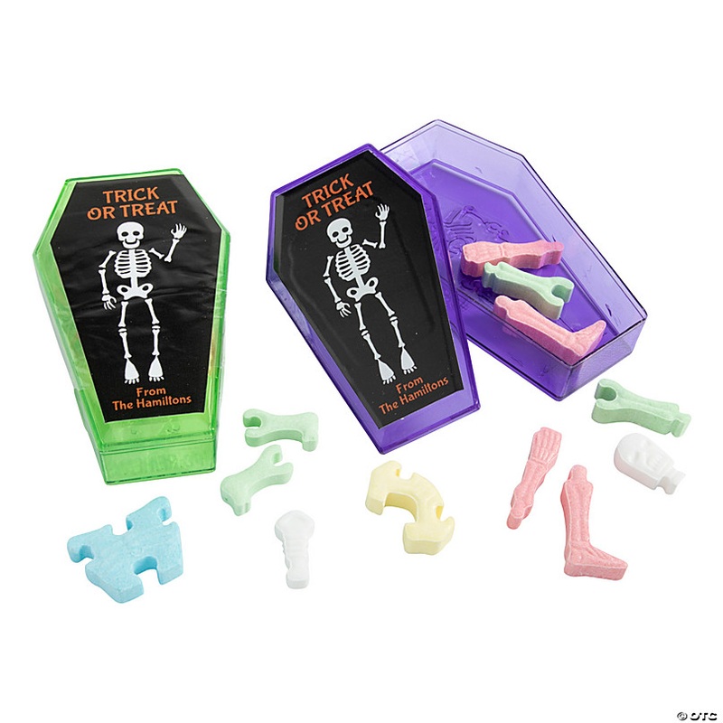 Personalized Coffin Containers with Interlocking Skeleton Bone Candies  12 Pc.