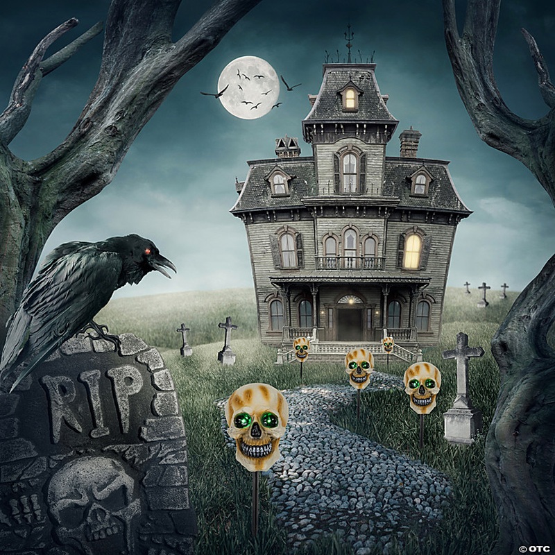 Set of 3 Lighted Skeleton Head Halloween Pathway Markers with Sound - Battery Operated