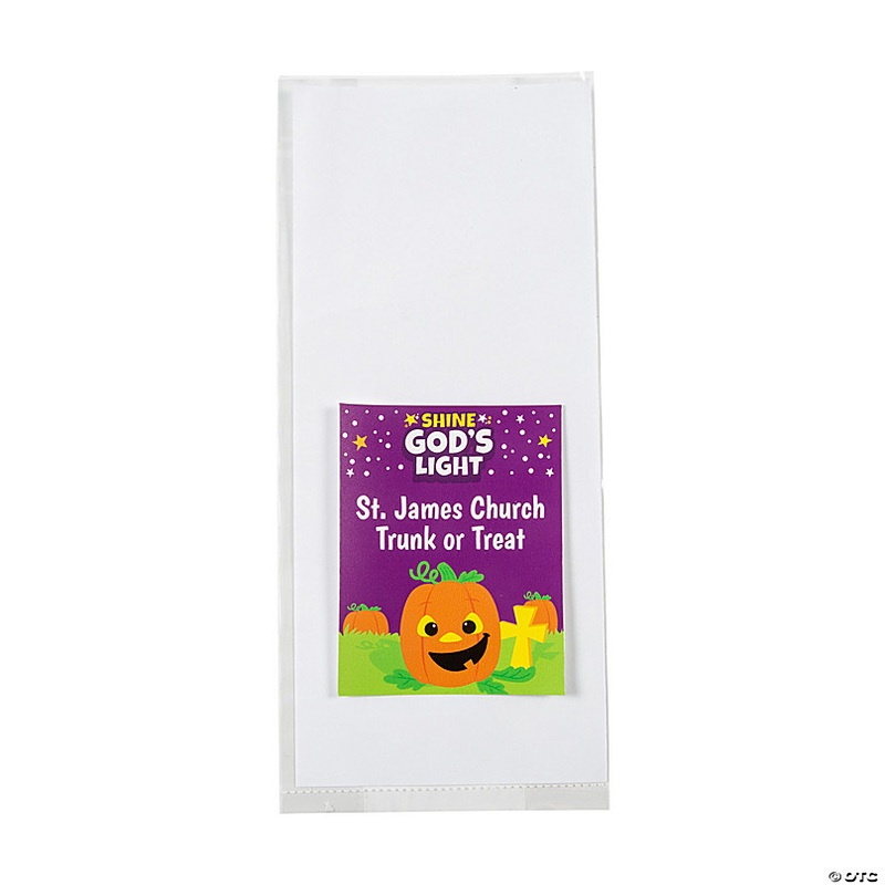 Bulk 50 Pc. Personalized Medium Religious Pumpkin Cellophane Gift Bag Kit