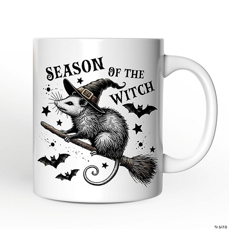 Funny Opossum Witch with Broom Mug, Vintage Halloween Gift, OrnamentallyYou
