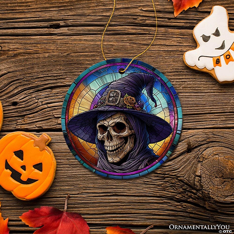 Witchy Grin Skull with Hat and Scarf Stained Glass Style Ceramic Ornament, Halloween Themed Christmas Gift and Decor, OrnamentallyYou