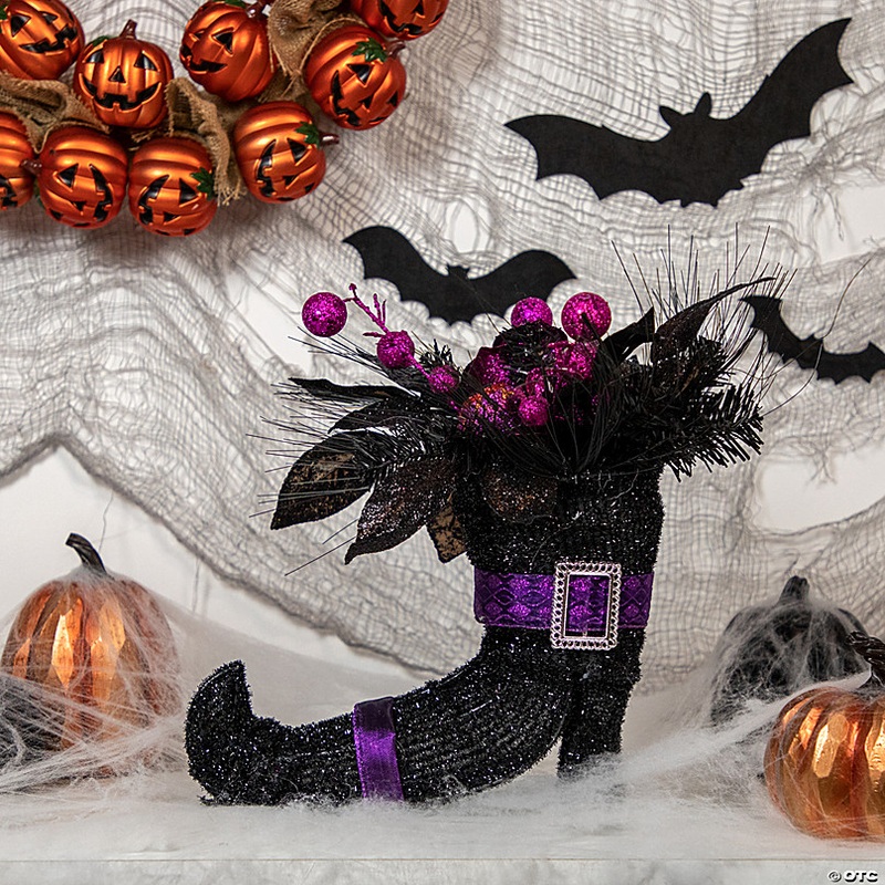 12 Black Witch's Boot with Purple Glittered Roses Halloween Decoration