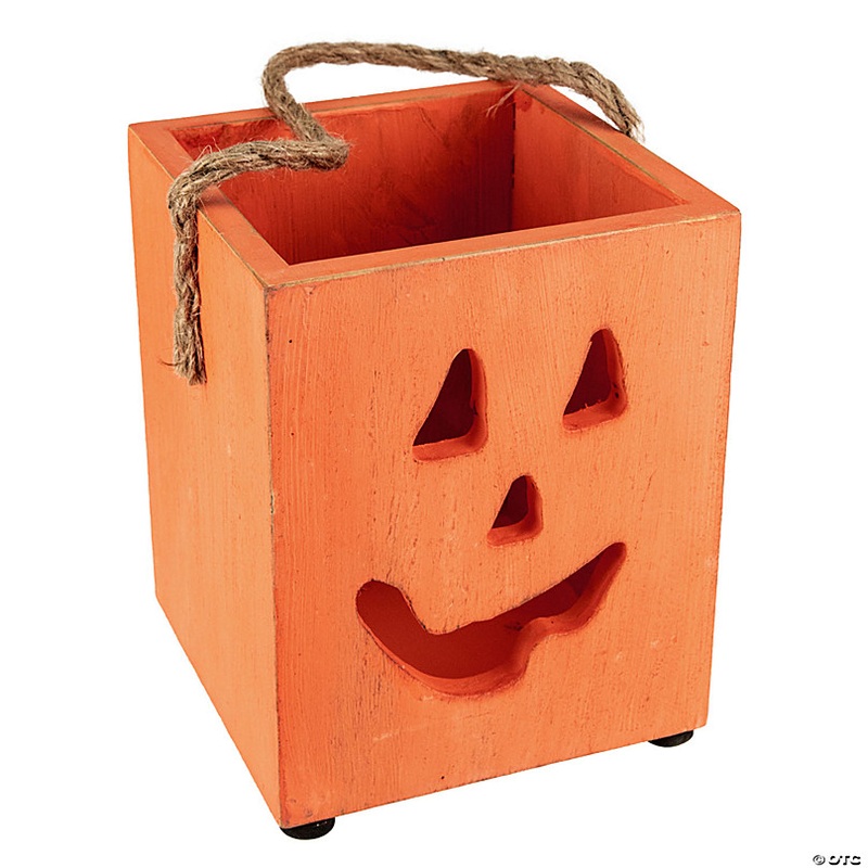 6.25 Small Orange Wood Jack O Lantern Halloween Candle Lantern