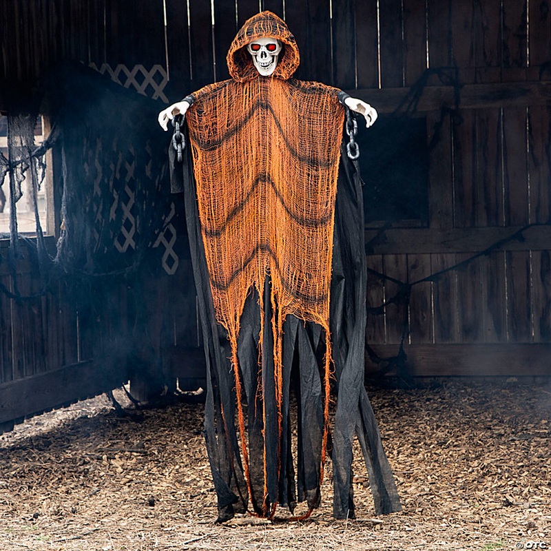 6 Ft. Hanging Light-Up Skeletal Reaper in Orange Robes Halloween Decoration