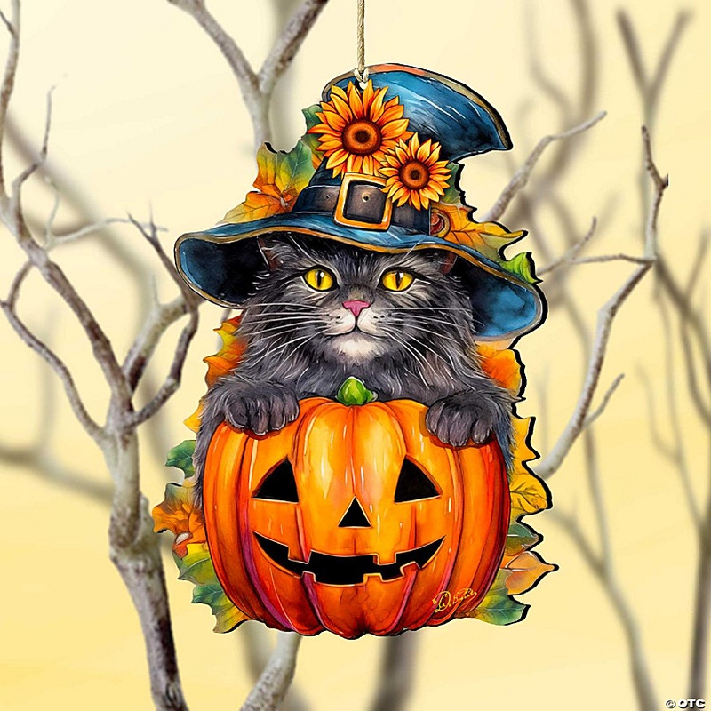 Black Cat Pumpkin Wooden Ornament by G. Debrekht - Thanksgiving Halloween Decor