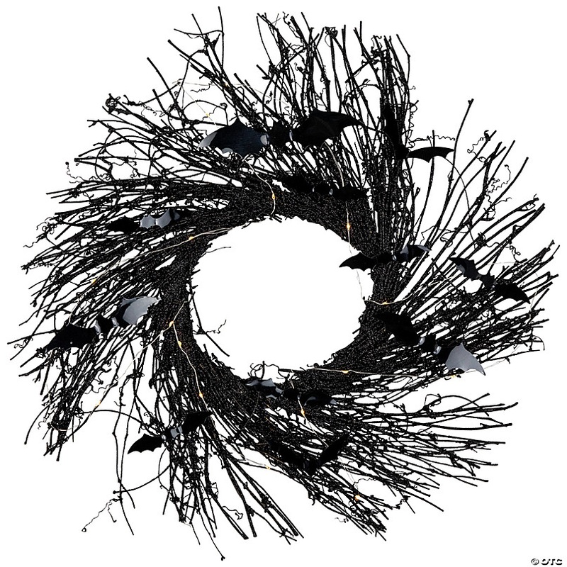 Black Halloween Twig Wreath with Bats and Warm White Lights  22-Inch