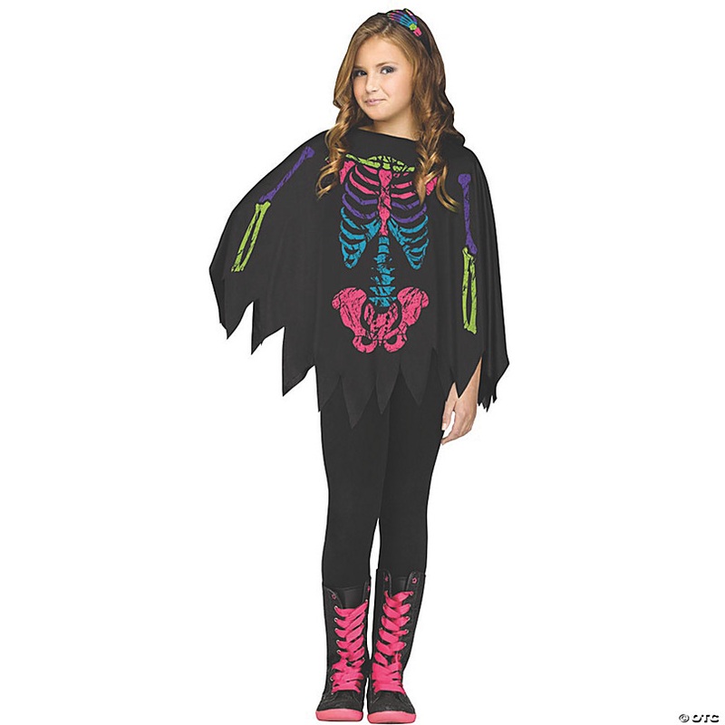 Girls Colorful Skeleton Poncho Costume