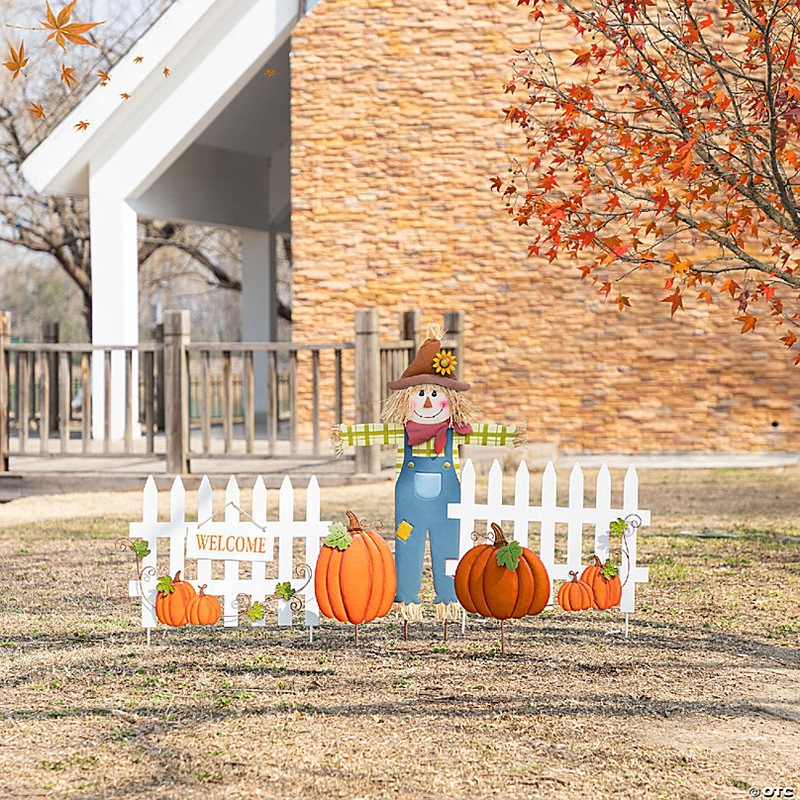 Glitzhome 30.75H S/5 Fall Metal Scarecrow,Pumpkin & Fence Yard Stake(KD)