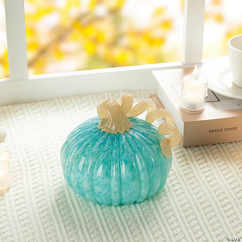 Glitzhome Set of 4 6D Fall Turquoise Round Glass Pumpkins