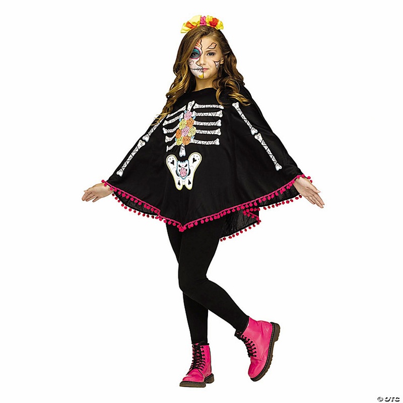 Kids Day of the Dead Skeleton Poncho Costume Accessory - One Size