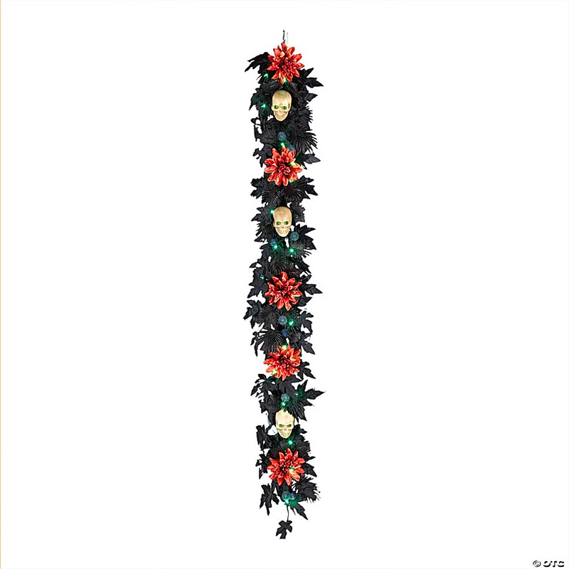 National Tree Company 6 ft. Artificial Boo-tiful Halloween Garland with Orange Florals and White Skull, 30 Green LED Lights, Battery Operated