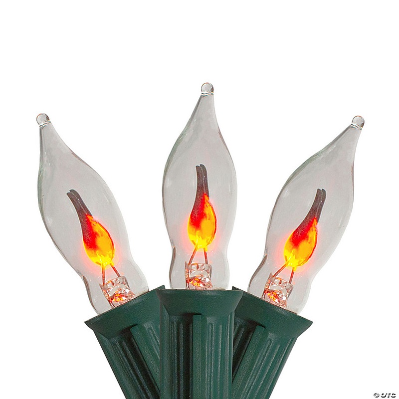 Set of 10 Flickering Amber Flame C7 Halloween Lights - 9' Green Wire