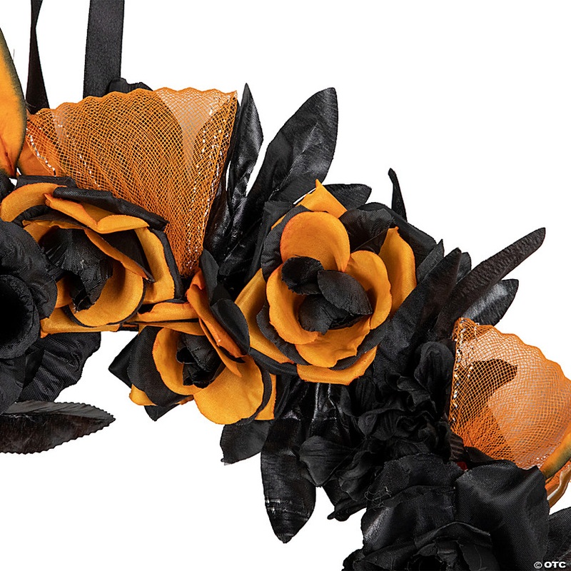 Skull with Black and Orange Roses Halloween Wreath  14-Inch  Unlit