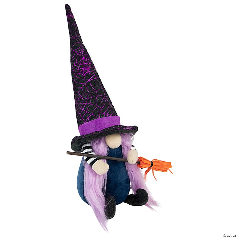 14 Black and Purple Halloween Witch Gnome with Broom