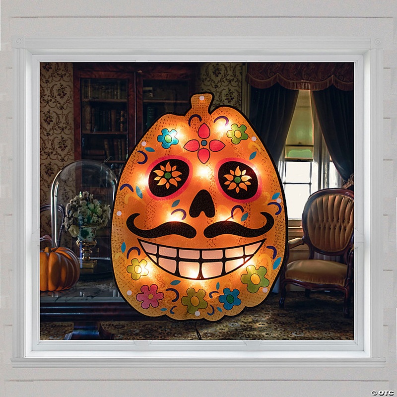 15 Lighted Sugar Skull Pumpkin Halloween Window Silhouette
