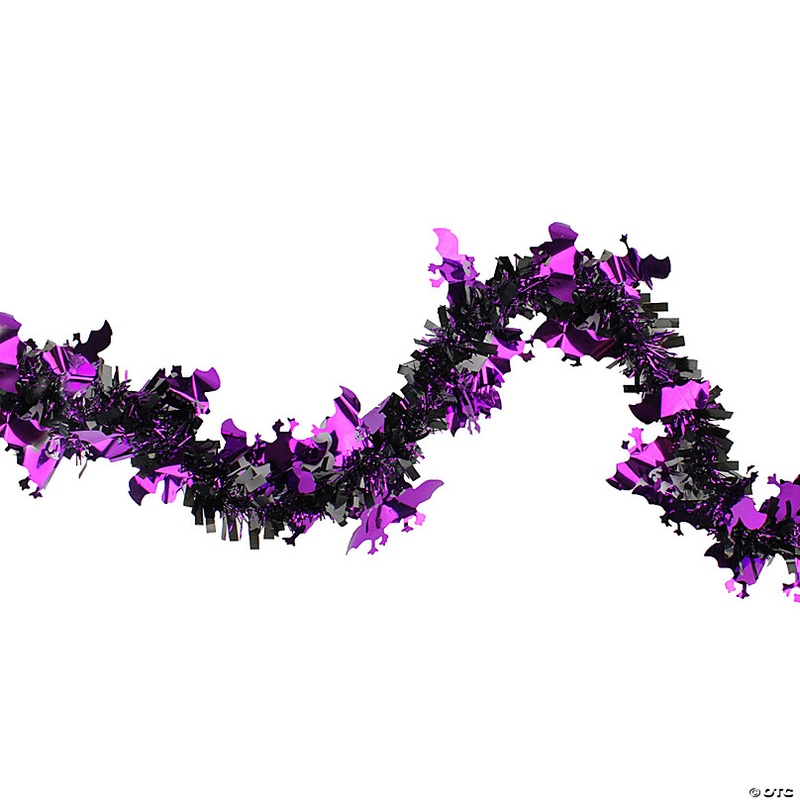 Black with Purple Bats Halloween Tinsel Garland - 50 feet  Unlit
