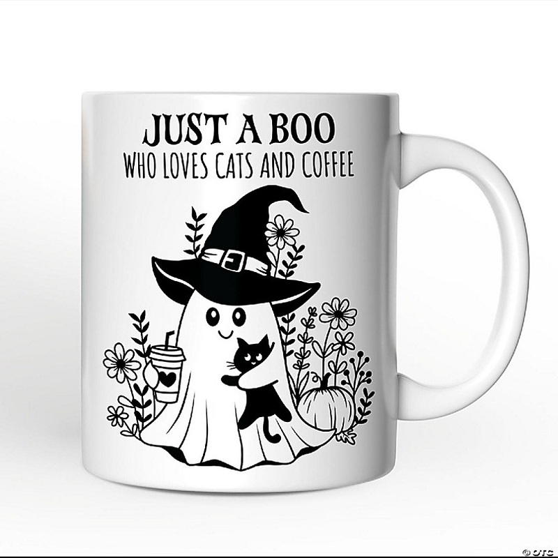 Cute Ghost with Black Cat Mug, Cat and Coffee Lover Halloween Gift, OrnamentallyYou