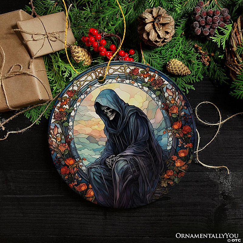 Ethereal Revenant: Halloween Angel of Death Stained Glass Style Ceramic Ornament, Halloween Themed Christmas Gift, OrnamentallyYou