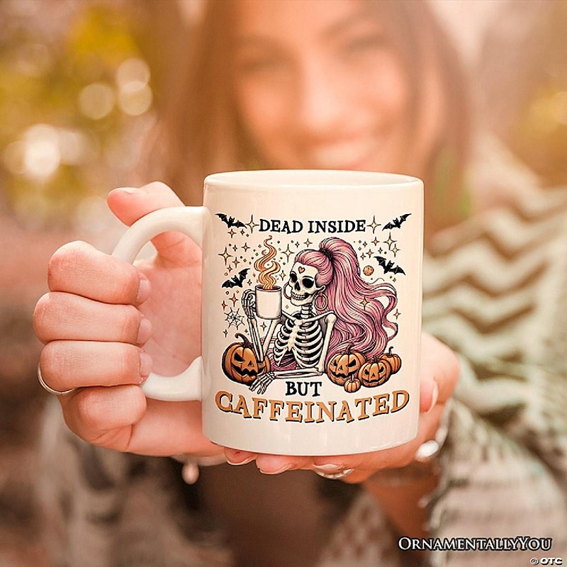 Funny Girl Caffeinated Skeleton, Halloween Mug For Women, OrnamentallyYou