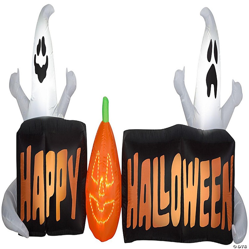 Gemmy Lightshow Airblown Micro Lights Sign Happy Halloween with Ghosts and JOL Scene (White)  3 ft Tall