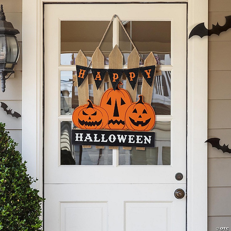 Glitzhome 14H Halloween Wood Jack O Lantern Door Hanger
