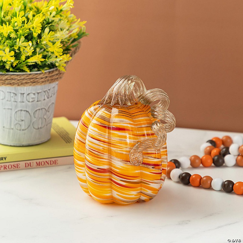 Glitzhome Set of 4 6H Fall Multi Stripes Glass Pumpkins