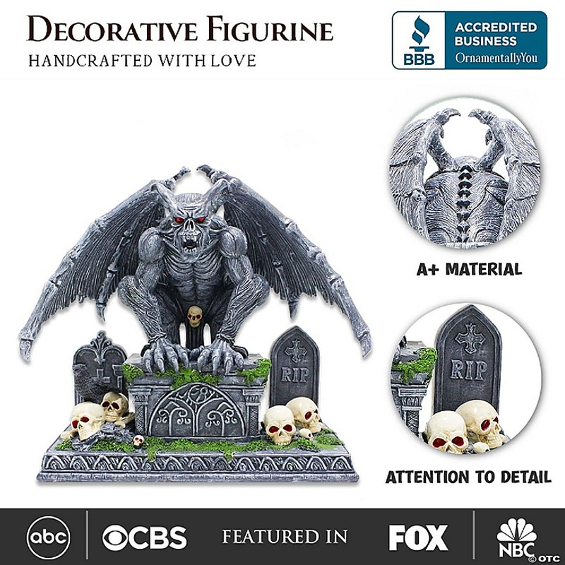 Grave Guardian Gargoyle Figurine, 7 Solar Powered Gothic Halloween Garden Statue, OrnamentallyYou