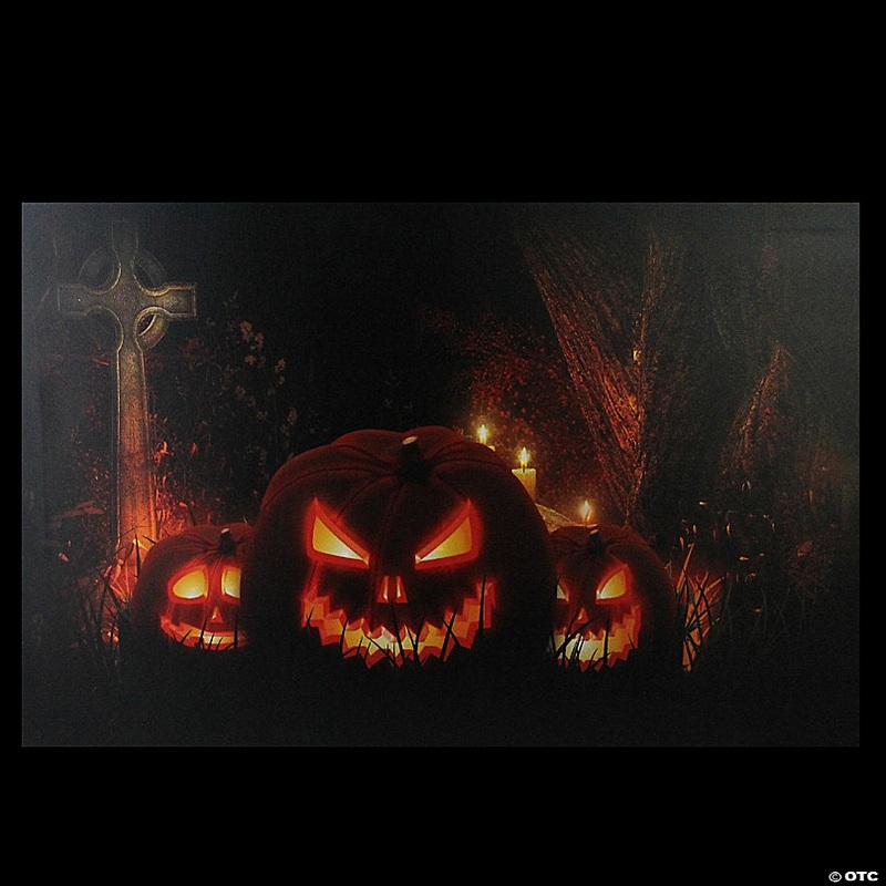 LED Lighted Jack-O-Lanterns in a Cemetery Halloween Canvas Wall Art 23.5 x 15.5