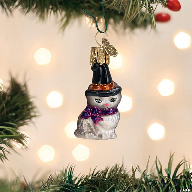 Old World Christmas Blown Glass Hanging Ornament for Halloween, Mini Witch Cat