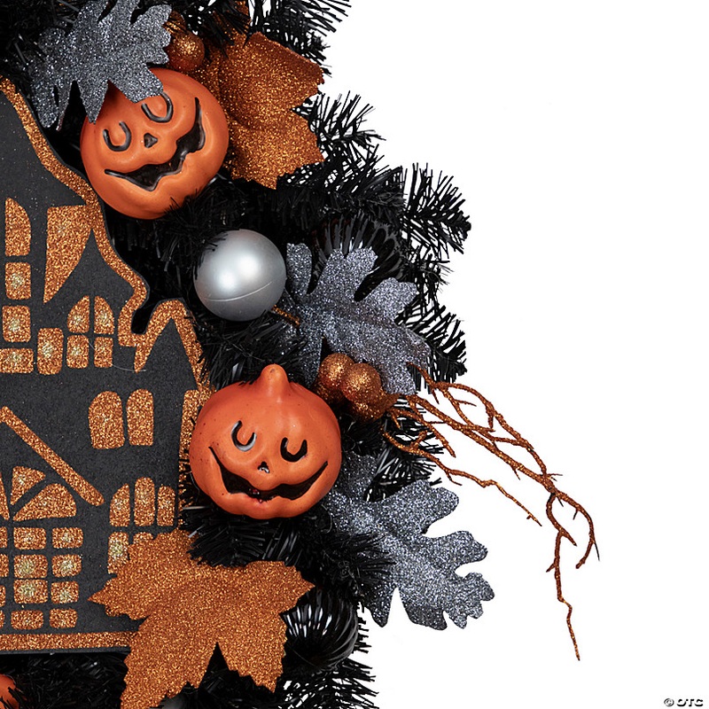 Orange and Black Haunted House Halloween Wreath  24-Inch  Unlit
