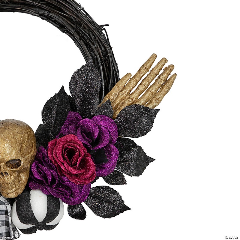 Skull with Hands and Purple Roses Halloween Twig Wreath  22-Inch  Unlit