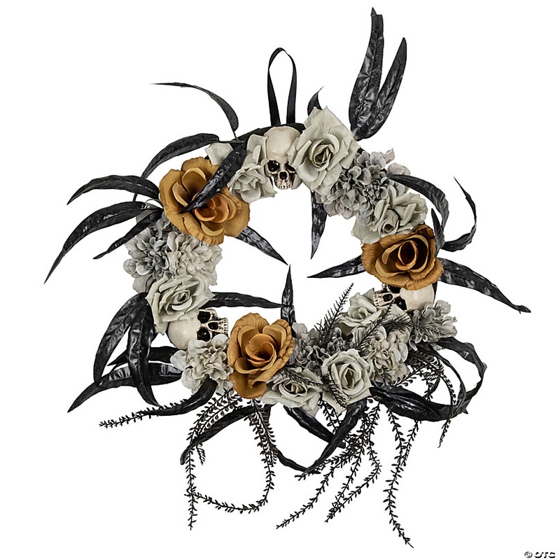 Skulls with Orange and Gray Roses Halloween Wreath  14-Inch  Unlit
